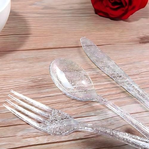Lillian Collection Unique Glitter Silver Premium Plastic Cutlery Combo - Packs of 48 - Perfect for Upscale Events & Parties thumbnail 2