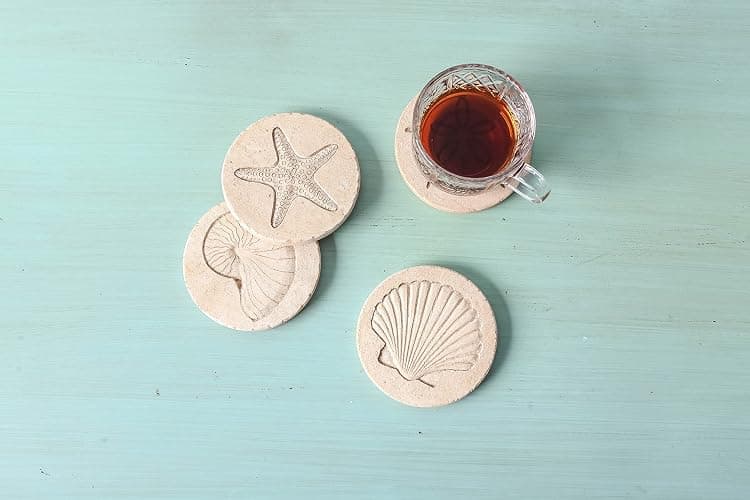 Beach Coasters for Drink Set of 4 Absorbent Nautical Outdoor Housewarming Gifts Marble Style Resin Coaster Cork Base Handmade Starfish Seashell Round Coasters Funny Ocean Sea Summer Theme, 4" x 4" thumbnail 8