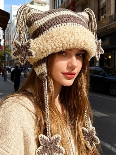 Y2k Beanie Knitted Hat Cute Cat Beanie Warm Loose Crochet Hat Women thumbnail 2