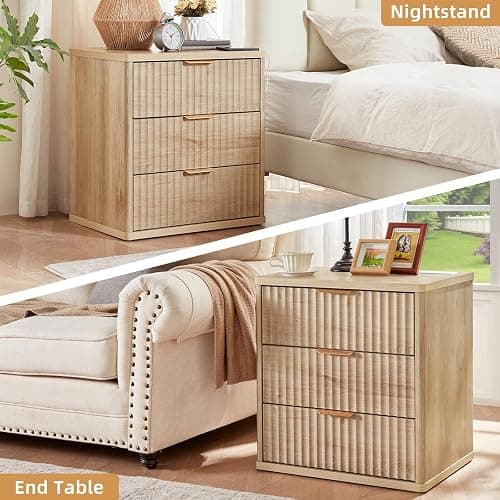 LEYAOYAO 23" Wide Fluted Farmhouse Night Stand Set of 2 with Charging Station, 3 Drawers Large End Table w/Metal Handle, Natural Nightstand Bedside Table,Wood Dresser for Bedroom, Closet thumbnail 6