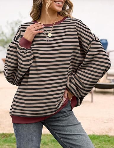 UEU Women Oversized Striped Crewneck Sweatshirt Long Sleeve Color Block Pullover Tops Casual Loose Workout Shirt thumbnail 2
