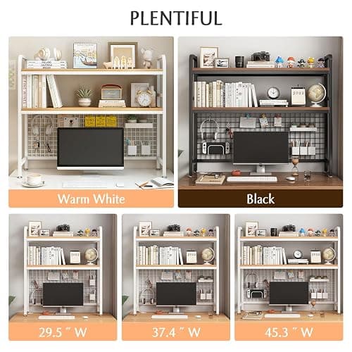 IOTXY 2-Tier Desktop Hutch Bookshelf - Metal Desk Shelf Bookcase with Grid Panel, Countertop Storage Organizer Rack for Dorm or Office, White, 45.3" W thumbnail 6
