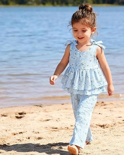 SANMIO Toddler Baby Girl Clothes Floral Summer Outfits Ruffle Sleeveless Tops with Wide Leg Pants Clothing Set for 1-5T thumbnail 4