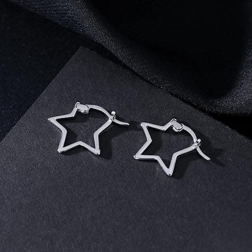 Reffeer Solid 925 Sterling Silver Minimalist Star Hoop Earrings for Women Teens Star Huggie Earrings Hoop thumbnail 5