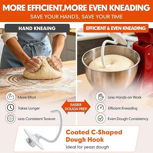K45DH Coated C Dough Hook for KitchenAid 4.5-5Qt Tilt-Head Stand Mixers | Fits K45 K45SS KSM90 KSM150, Dishwasher Safe C-Shaped Bread Hook for Kneading Bread, Pizza and Yeast Dough thumbnail 6