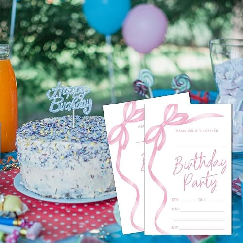 SIXEIGHT Pink Bow Birthday Invitations, Pink Ribbon Bow Birthday Party Invitations, 20 Party Invitations with Envelopes for Girls Boys, Birthday Party Favor & Decoration (4"x6")-A04 thumbnail 5
