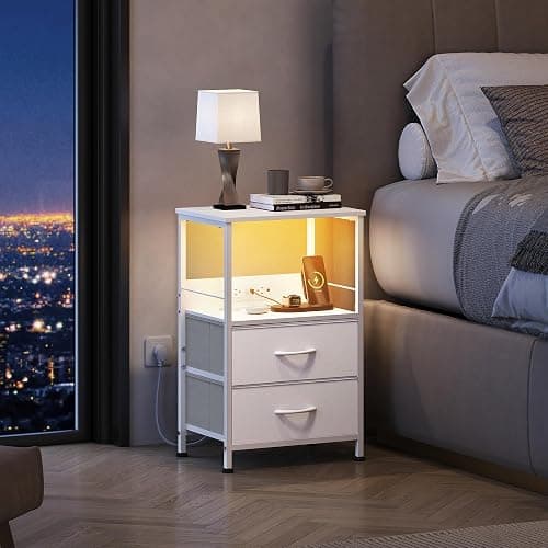 WLIVE White Night Stand with Charging Station, LED Nightstand with 2 Fabric Drawers and Storage Shelf, Dorm Bedside Table End Table with 2 USB Ports and Outlets, Small Dresser for Bedroom thumbnail 2