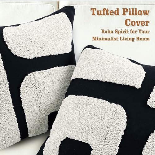 LandIdyll 4 Pcs Black and Cream Chunky Tufted Pillow Covers 18 x 18 Inch Boho Black and White Throw Pillow Covers Set Decorative Modern Abstract Geometric Pillowcase for Living Room Bed Couch Sofa thumbnail 5