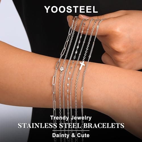 Yoosteel Silver-Plated Bracelets for Women - Dainty Silver-Plated Bracelets Set for Women Trendy Minimalist Simple Layered Bracelet Stack Waterproof Trendy Jewelry Gifts for Women thumbnail 6