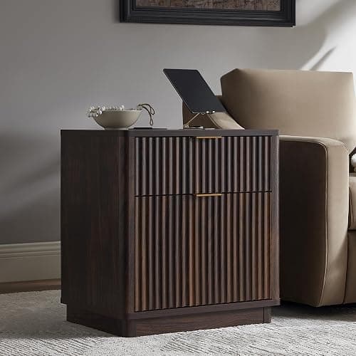 T4TREAM 23'' Fluted Nightstand Set of 2 with Charging Station, Large 2 Drawer Bedside Table, Modern End Table with Storage, Mid Century Night Stand for Bedroom Living Room, Curved Profile, Dark Walnut thumbnail 2