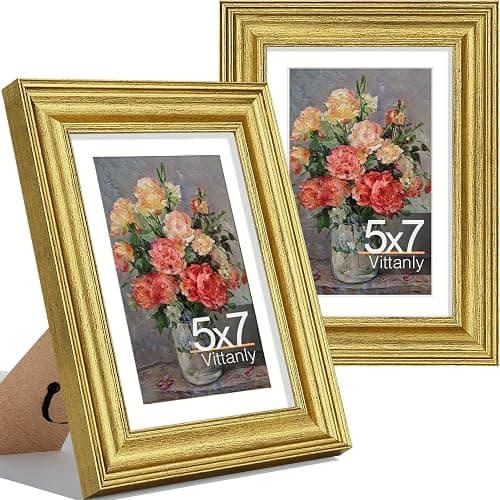 Vittanly 5x7 Picture Frames Set of 2, Ornate Vintage Photo Frame for Wall or Tabletop, Display 4x6 Pictures with Mat or 5x7 without Mat, Rustic Gold - Image 1