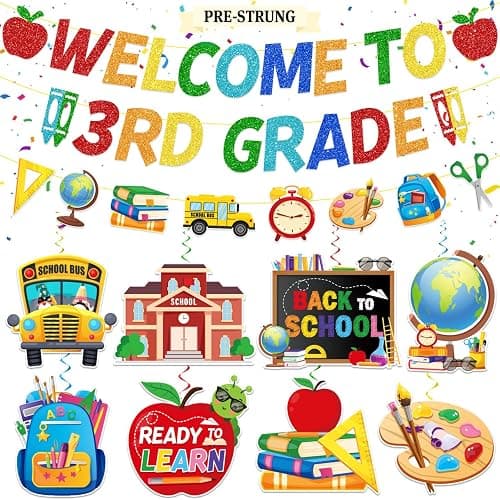 Welcome to 3rd Grade Banner Glitter First Day of 3rd Grade Banner | Back to School 3rd Grade Classroom Decor, Included 1 Garland and 16 Hanging Swirls, Pre-Strung Banner, Easy to Hang - Image 1
