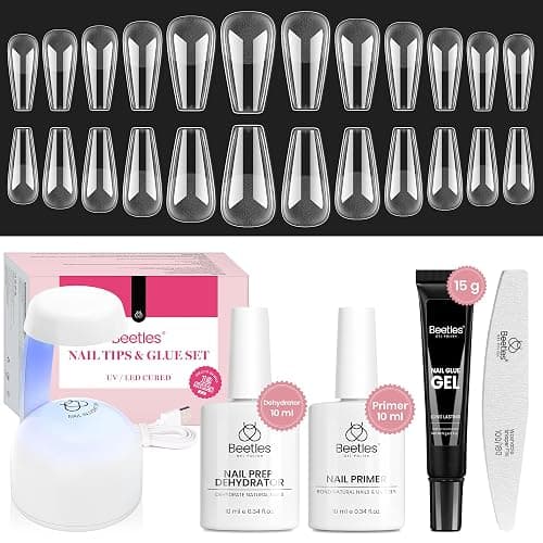 Beetles Gel Nail Kit Medium Coffin with Nail Dehydrator and Primer, 576Pcs Half Matte Etch-X Gel Nail Tips Solid Nail Glue Mini Nail Lamp Acrylic Nail Tips Easy DIY Nail Extension Set Gift for Women - Image 1