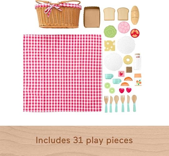 Fisher-Price Wood Pretend Play Toy Picnic Basket, 31-Piece Wooden Food Playset for Preschool Kids Ages 3+ Years thumbnail 6
