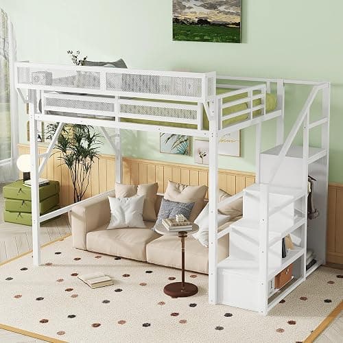 KEIKI Full Size Metal Loft Bed Frame with Convertible Staircase, Built-in Storage Shelves & Wardrobe, Loft Bed with Solid Slats & Guardrail, No Box Spring Required, Easy Assembly, for Bedroom, White thumbnail 4