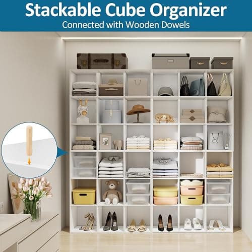 PrimeZone Stackable 9 Cube Storage Organizer: Wood Cubes Shelf Fits Cubby Bins - Square Cubicle Bookshelf Cabinet for Closet Bedroom - Open Storage Shelf for Toy Clothes Book Organization, White thumbnail 5