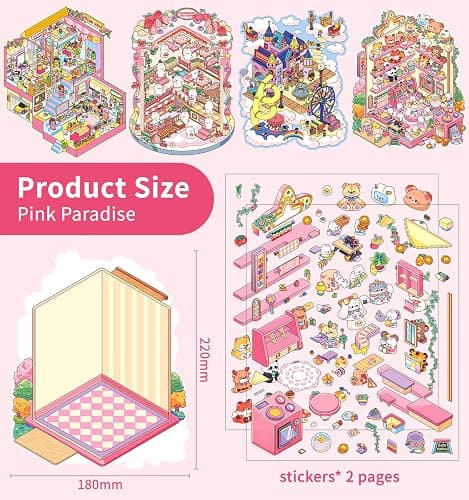 DIY 3D House Stickers, 4 Sets Fun DIY Stickers Scene Make Your Own Mini House Cute Cartoon Animal Scene Stickers for Kids Adult Sticker Art Relief Stress Pass The Time- Large Size thumbnail 3