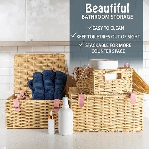 Wicker Storage Baskets with Lids – Set of 3 (Large, Medium, Small) for Organizing Clothes, Toys, Books – Cute Organizer Stackable Basket with Lid for Bedroom, Nursery, and Home Decor thumbnail 6