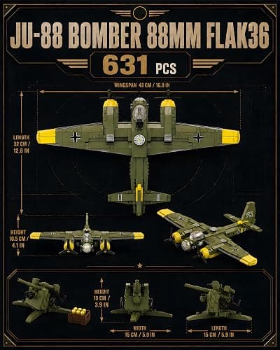 WW2 Military Plane Building Set Compatible with Lego Airplane JU-88 Bomber | WW II Army Aircraft Toys Germany Junker88 Fighter Jet and Flak 36 Building Block Sets History Enthusiasts Collectibles/Gift thumbnail 8