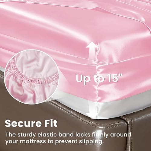 Love's cabin Satin Queen Sheets Set, 4 Pieces, Pink, 15" Deep Pocket | Luxury Silky Touch Bedding Set: Fitted Sheet, Flat Sheet & Pillowcases, Soft Smooth Silk Feel, All-Around Elastic Snug Fit thumbnail 4