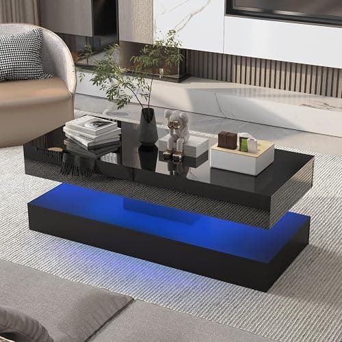 Uspeedy 47.3in Large High Glossy LED Coffee Table with 2 Storage Drawers,Black/White Modern Coffee Tables for Living Room,Living Room Tables,APP LED Lights (Black) thumbnail 8