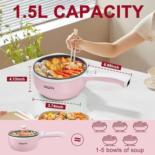 Dezin Hot Pot Electric Upgraded, Non-Stick Sauté Pan, Rapid Noodles Electric Pot, 1.5L Mini Portable Hot Pot for Steak, Egg, Fried Rice, Ramen, Oatmeal, Soup with Power Adjustment thumbnail 3