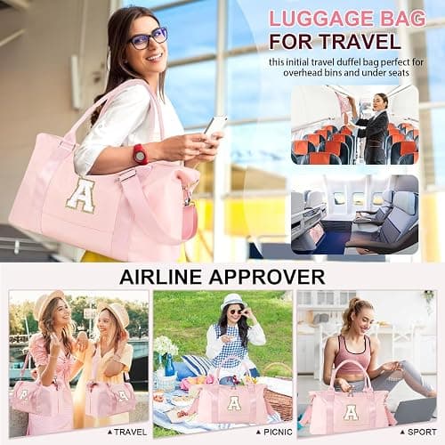 Dance Gym Duffel Bag for Teen Girls, Personalized Initial Travel Weekender Bag,Cute Overnight Carry On Duffle for Women,Sports Travel Cheer Bag,Monogram Christmas Gifts for Tween Preppy(pink-A) thumbnail 8