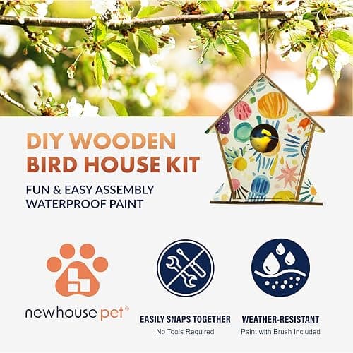 Newhouse Pet DIY Wooden Birdhouse Kit NHP-DIYH-SQ, Easy-to-Build DIY Birdhouse Kit for Kids, Arts and Crafts for Adults and Kids, Bird House for Outside with Weather-Resistant Acrylic Paints thumbnail 4