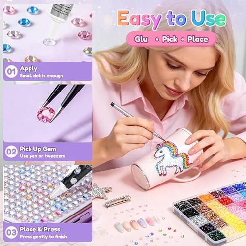 Winwj 40 Colors 40000pcs Bedazzling Kit with Glue and Pen, 3mm Nail Art Rhinestones, Flatback Gems with Tweezers & Pen, Nail Art Crystals for DIY Crafts, Phone Cases, Clothes thumbnail 4