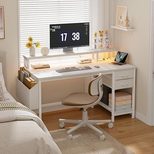 DurayLoly 40" Computer Desk with LED Strip, Gaming Desk with Drawers & Storage Bag, Office Desk with Power Outlets & Monitor Stand, Home Office Desks for Bedroom, Gaming Room, White thumbnail 4