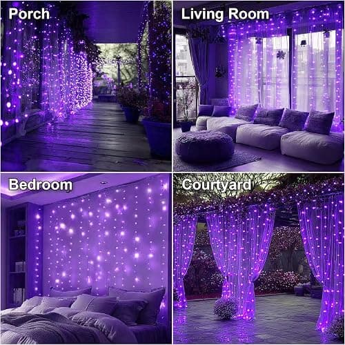 HXWEIYE 300LED Fairy Curtain Lights, 9.8x9.8Ft USB Plug-in 8 Modes Christmas String Hanging Lights with Remote for Bedroom Backdrop Wedding Indoor Wall Decor, Purple, Standard – 1 Pack thumbnail 6