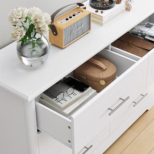 NEEEED THIS.    HOSTACK 6 Drawer Dresser, Modern White Double Dresser, Wide Chest of Drawers with Metal Handels, Accent Wood Storage Chest Organizers for Living Room, Hallway, Entryway (Trapezoid/White) thumbnail 8