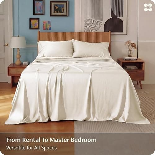 Bedsure PureWoven 100% Rayon Derived from Bamboo, Queen Sheets, 4 Pieces | Cooling Sheets for Hot Sleepers, Breathable & Silky Soft, 16" Deep Pocket, Hotel Luxury Bedding, Ivory thumbnail 5
