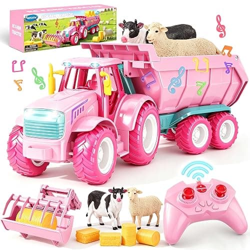 Funwee RC Farm Tractor Toy Playset with Loader, Trailer & Animals | 2.4GHz Outdoor Remote Vehicle Playset w/ Light & Music for Age 3-8, Fun RC Car Truck Gifts for Boy & Girl (Pink) - Image 1