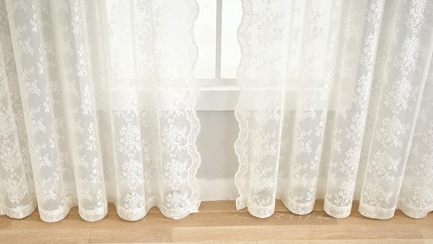 YJ YANJUN Sheer Lace Curtains for Bedroom Ivory Elegant Victorian Curtains Scalloped Edges Floral Kitchen Window Curtains 63 Inch Length Rod Pocket, 52 x 63 Inch, Ivory thumbnail 5