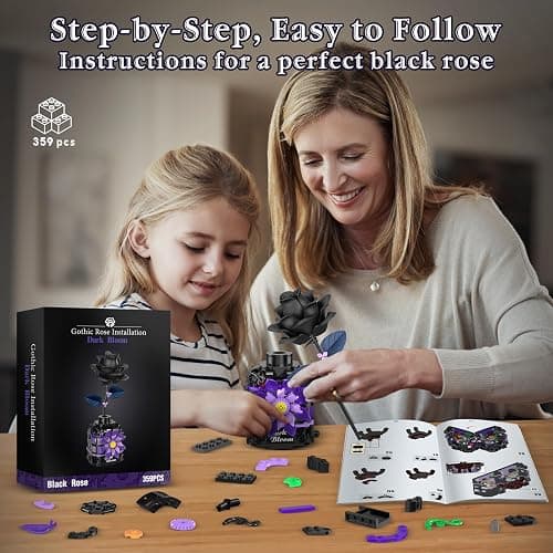 Alagoo Gothic Black Roses Building Blocks Kit – 359 PCS Mysterious Dark Bloom with Vase, Artificial Flower Toy Building Set, Gothic Decor Birthday Gifts Building Toys for Boys Girls thumbnail 7