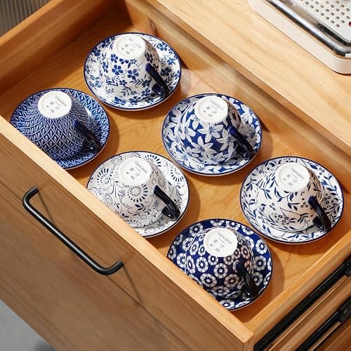 vancasso Selene 240 ml Porcelain Cup and Saucer Set of 6, Blue-and-White | Floral Patterned Vintage Coffee Cups Set for All Kinds of Drinks/Tea/Espresso/Latte/Cappuccino, Dishwasher & Microwave Safe thumbnail 8
