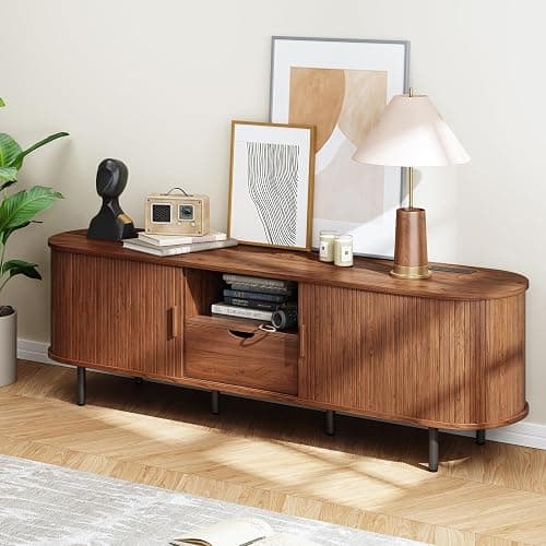 ONBRILL 69" TV Stand with Power Outlet for TVs up to 80", Entertainment Center with Storage and Drawer, TV Console with Adjustable Shelves and Sliding Door, TV Stand for Living Room, Bedroom, Walnut thumbnail 6