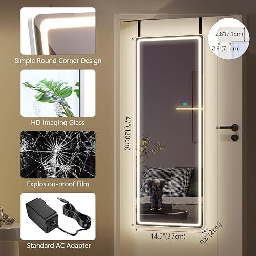 Vlsrka Full Length Mirror with LED Lights, Over The Door, Wall Mounted Hanging Mirror, 47"x 16" White thumbnail 3