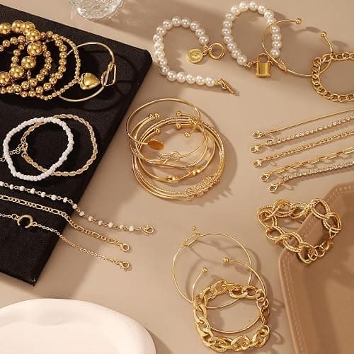 IFKM 6 PACK (24 PCS) Boho Gold Chain Bracelets Set for Women, 14K Gold Plated Multiple Layered Stackable Open Cuff Wrap Bangle Adjustable Link Italian Cuban Jewelry for Women Gift thumbnail 7