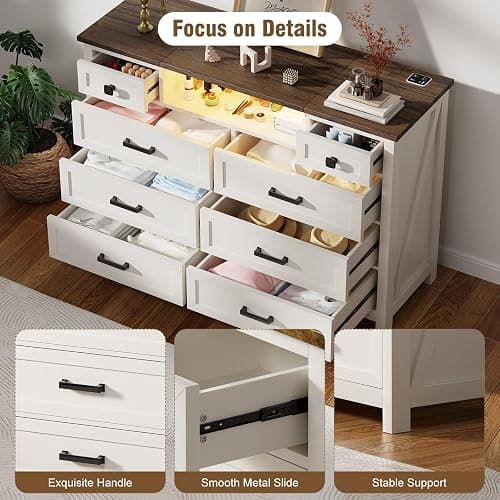 BROTTAR Dresser with Mirror for Bedroom, Chest of Drawers with LED Mirror, 8 Drawer Dresser with Charging Station, White Kids Dressers, Farmhouse Makeup Vanity with Storage for Bedroom thumbnail 6
