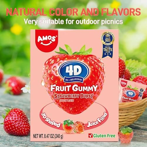 AMOS 4D Gummy Candy Strawberry Burst Candy– Fruity, Jelly-Filled, Natural Flavor – 240g Box (Pack of 10) thumbnail 7