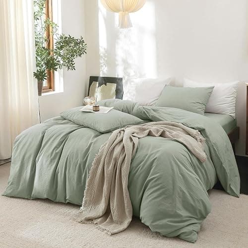 FOSSA Duvet Cover Set 100% Washed Cotton Linen Feel Super Soft Breathable Cozy 3 Pieces Bedding Sets Solid Sage Green Full/Double thumbnail 9