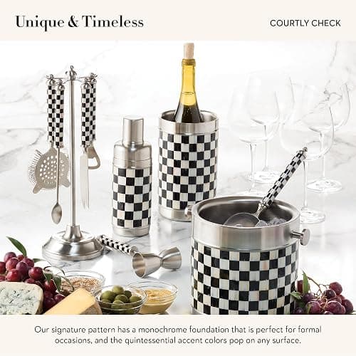 MACKENZIE-CHILDS 3260 Cocktail Shaker, Stainless-Steel Shaker Cup with Lid, Bartender Equipment for Home, 20 Ounces, Black-and-White Courtly Check - Courtly Check thumbnail 3