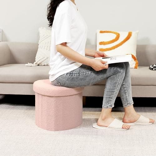 B FSOBEIIALEO Storage Ottoman Cube, Heart Shaped Ottomans with Storage Foot Stool Footrest for Lving Room, Boucle Ottoman Seat for Dorm Room,Faux Teddy Fur, Pink 15"x15"x15" thumbnail 4