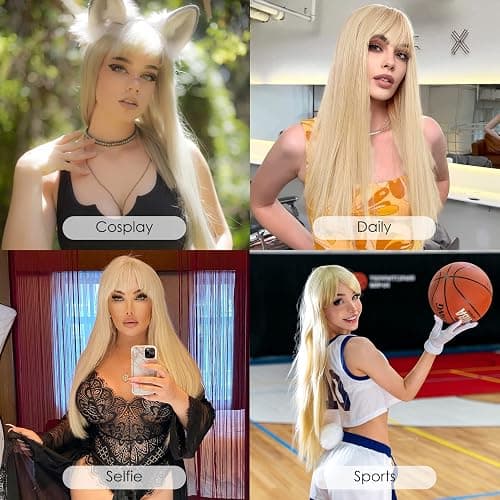 ENTRANCED STYLES Blonde Wig with Bangs, Long Straight Wigs for Women Natural Hair Wigs Synthetic Blond Wigs for Girls Daily Party Halloween Cosplay Wig 22 Inch thumbnail 6