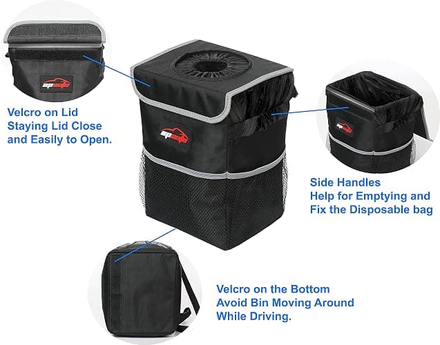 EPAuto Waterproof Car Trash Can with Lid and Storage Pockets, 2.5 Gallon, Black thumbnail 5