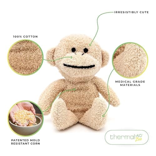 Thermal-Aid Zoo Mini — (Jo Jo The Monkey) — Mold-Resistant, Washable Hot & Cold Pack for Kids — Heating and Cooling Pad with Natural Corn Filling — Reusable Plush Toy thumbnail 2