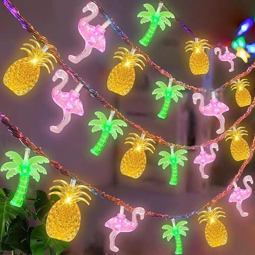 Olixmlya 30 LED [ 8 Modes & Timer ] 16Ft Summer Tropical Beach Hawaiian String Lights Tropical Flamingo Pineapple Palm Tree Fairy Lights Battery Operated for Party Beach Pool Christmas Decor - Image 1