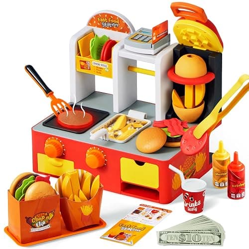 Play Kitchen Toddler Toy - 40+ PCS Fast Food Station with Potato Cutter, Simulated Frying Effect & Lights, Order & Drink Station - Pretend Play Food Toy Birthday Gift for Boys Girls - Image 1